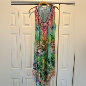V-NECK SHEER TANK DRESS COVERUP WITH CRYSTAL EMBELLISHMENTS Hi Low size L